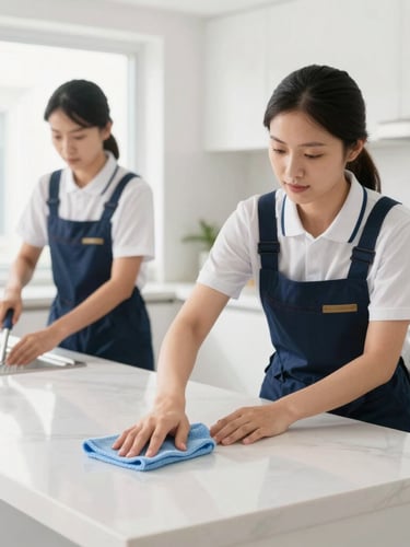 Medium shot of a uniformed professional cleaner in a bright modern kitchen wiping a white marble countertop with a microfiber cloth, soft natural daylight, crisp clean interior, 35mm lens