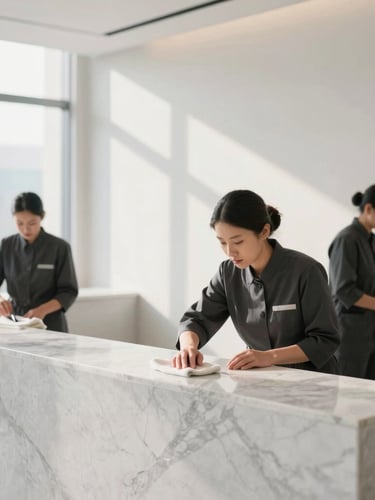 A professional commercial cleaner in a dark charcoal uniform carefully wiping a minimalist marble reception desk, soft natural morning light, architectural lines, 35mm lens.