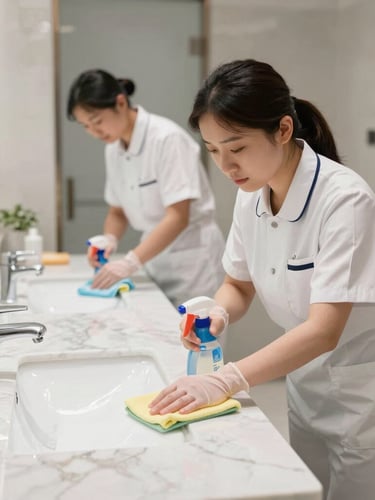 A focused professional cleaner in a crisp uniform wiping a polished marble vanity, soft natural light reflecting off the pristine surface, editorial commercial photography