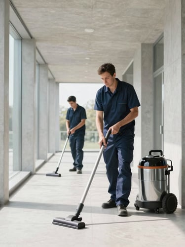 A professional cleaner vacuuming along the clean architectural lines of a minimalist concrete and glass hallway, bright morning light casting soft shadows.