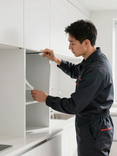 A professional cleaner in a tailored dark uniform meticulously detailing a minimalist kitchen fixture, bright natural daylight, crisp clean interior, 35mm lens