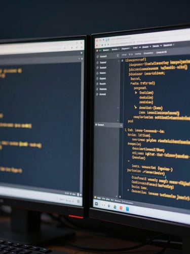 Close-up of dual monitors displaying structural data and terminal code, cool crisp studio light with gold-toned highlights, sharp focus