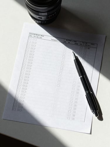 Overhead flat-lay close-up of a clean workspace: a printed planning system with filled checkboxes and labeled columns, a single pen resting on the sheet, studio daylight from the left, high contrast against a white surface, no hands visible