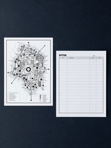 Overhead flat-lay of a printed workflow map and a filled planning sheet side by side on a dark navy surface, studio light from above, sharp shadows, no hands, no text visible, clean minimal composition