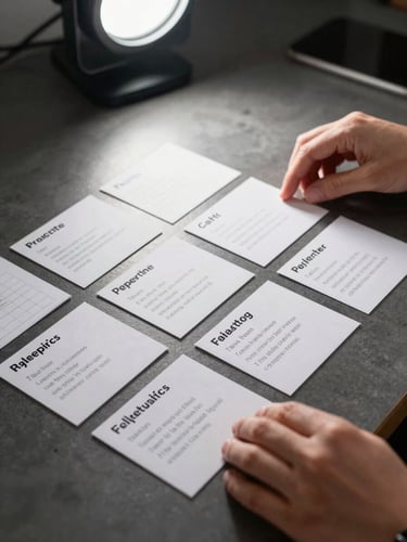 Close-up of hands arranging printed workflow cards on a matte dark desk, each card labeled with a task category, clean overhead studio light, sharp shadows, minimal surroundings