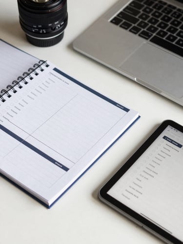 Close-up overhead flat-lay of a printed planning tracker and a digital checklist open on a laptop keyboard, clean desk surface, high-contrast studio light, white and dark navy tones, no people