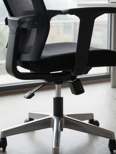 Medium close-up of an ergonomic office chair tilt mechanism and gas cylinder underneath the seat, polished steel components visible with clear mechanical detail, overcast natural light from a nearby window casting soft even illumination, no people, functional industrial detail on a neutral gray floor