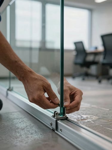 Close-up of a technician's hands positioning and securing a glass partition panel into its aluminum floor channel during office installation, natural overcast light from a nearby window, metal hardware detail sharp in focus, surrounding office space softly blurred in background, no faces visible