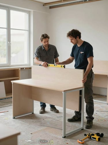 Environmental mid-shot of two technicians positioning a modular desk panel in a partially fitted office, one person steadying the panel while the other checks alignment with a spirit level, tools on the floor beside them, natural light from a large window to the left, room mid-install showing raw floor and cable routing trunking, no posed smiles