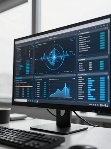 Cool-toned editorial macro photography of a high-tech workspace screen displaying live data dashboards, sharp office window light, high-contrast desaturated tones with electric blue accents, 35mm lens.