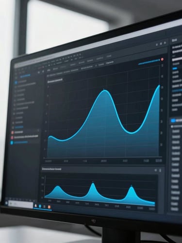 Cool-toned editorial macro shot of a developer's screen showing abstract data curves and conversion velocity charts, sharp office window light, high-contrast desaturated tones with electric blue accents, 35mm lens