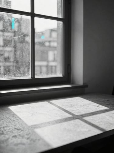 Cool-toned editorial portrait photography of a modern workspace window in London, sharp geometric shadows cast on a concrete desk, desaturated tones with subtle electric blue highlights, 35mm lens.