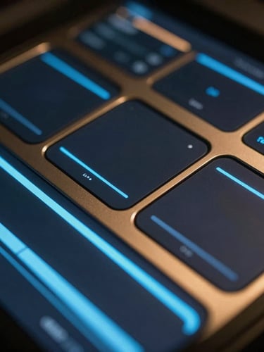 Macro close-up of high-fidelity dark UI dashboard panels, glowing neon blue accents, metallic gold framing, cinematic lighting