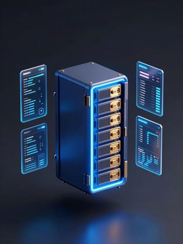 Isometric 3D render of a glowing neon blue server node with metallic gold accents, floating UI panels displaying data streams against a dark matte background.