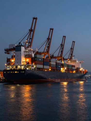 Wide-angle dramatic shot of a massive container ship docked at a Turkish deep-water port during twilight, industrial cranes silhouetted against a dark blue sky, sharp orange safety lights reflecting on the water.