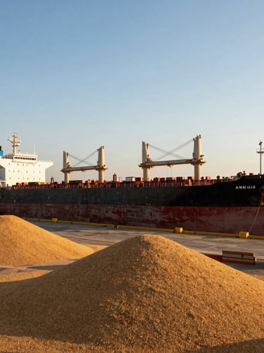 Wide panoramic shot of a massive bulk carrier vessel loading grain at a sunlit Turkish maritime terminal, high contrast golden hour lighting, crane structures in background.