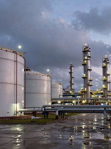 Wide environmental shot of a modern coastal oil refinery at dusk, massive steel storage tanks on the left, intricate pipeline networks, dramatic overcast sky with technical sodium-vapor lighting reflecting on wet concrete.