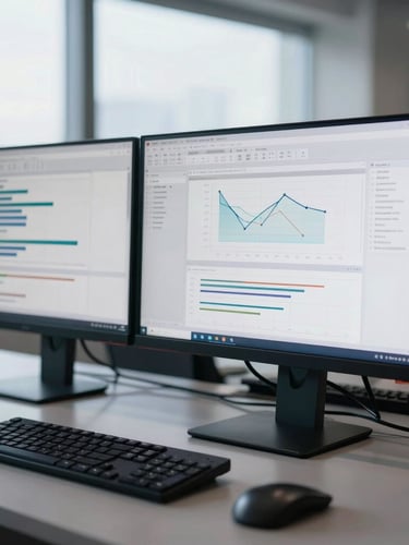 An analytical workspace with a multi-monitor setup displaying clean charting software, cool diffused office daylight, professional editorial style.