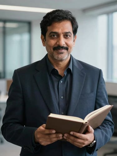 A professional portrait of Kamal Sandhu in a modern, cool-toned office setting, holding a physical notebook, soft natural light, shallow depth of field.