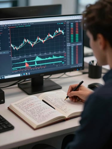 An over-the-shoulder shot of a trader analyzing clean price action on a monitor, a physical notebook with handwritten trade logs open on the desk, cool evening ambient light, shallow depth of field, 35mm.