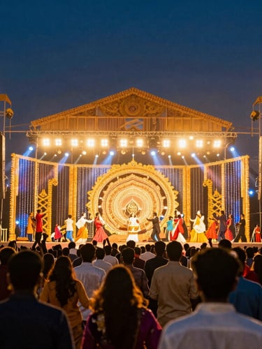 Vibrant festival crowd dancing under grand stage lights at Sachi Navratri, golden-hour festive glow, wide-angle cinematic editorial photography.