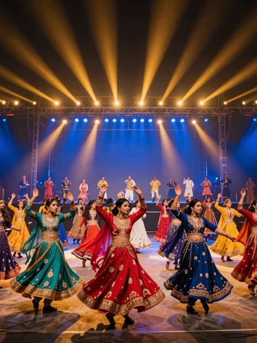 Vibrant festival crowd dancing Garba under grand stage lights, dynamic motion, colorful traditional attire, high-contrast dramatic concert lighting, wide-angle 35mm