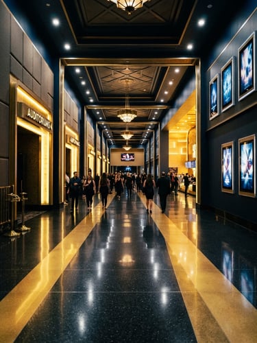 Cinematic high-contrast wide-angle shot of a grand modern multiplex theater hallway with golden light beams reflecting on polished dark floors, 35mm