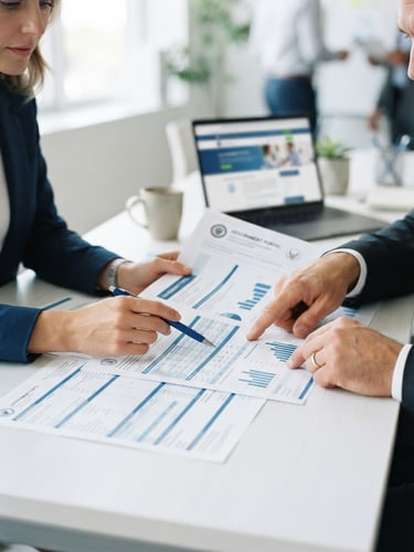 A close-up of professional business hands reviewing official government portal documents on a clean desk, bright corporate blue tones, sharp focus, 35mm