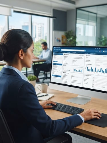 Over-the-shoulder shot of a consultant analyzing a complex government tender portal on a clean monitor, bright modern office in Hyderabad, professional blue accents, sharp focus, 35mm