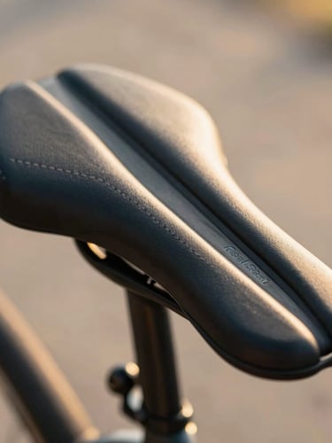 Macro close-up of a premium weatherproof RealSeat bicycle saddle showing plush cushioning and clean stitching, warm natural sunlight, shallow depth of field