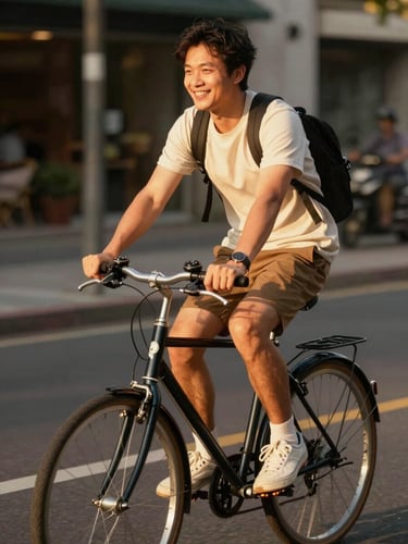 A smiling commuter in casual clothing riding a classic hybrid bicycle in warm, golden-hour sunlight, looking relaxed and comfortable.
