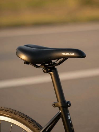 Close-up of a RealSeat comfort bicycle seat mounted on a hybrid commuter bike, warm natural golden-hour sunlight, rich authentic colors, shallow depth of field