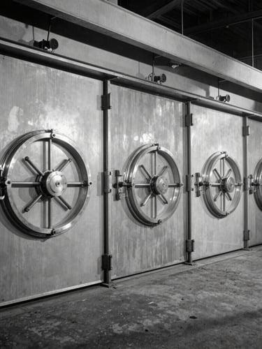 Historic black and white archival photograph of early 20th-century industrial refrigeration machinery, cold storage vault doors, dramatic shadows, 35mm
