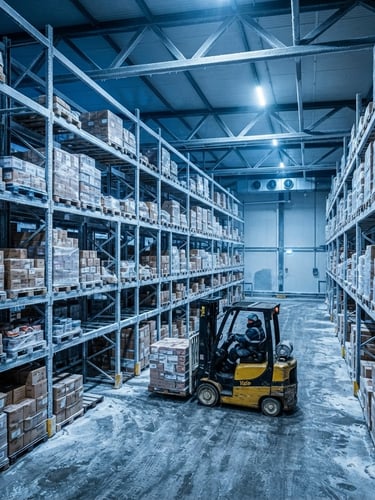industrial commercial photography, cool blue and steel-gray tones, crisp high-contrast lighting, wide-angle lens, sharp details, 35mm. Subject: Massive industrial freezer interior with frost-rimed steel shelving and temperature-critical cargo, cool-toned crisp blue lighting.