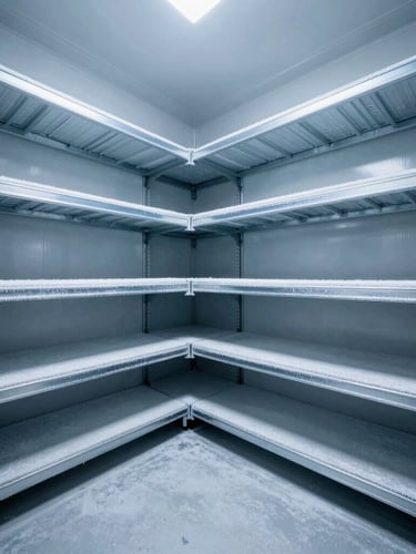 Wide-angle industrial commercial photography of a massive modern sub-zero freezer interior, frost-rimed steel shelving, cool blue and steel-gray tones, crisp high-contrast lighting, sharp details