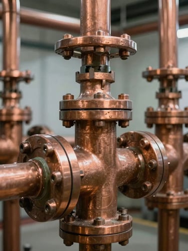 Macro close-up of heavy-duty copper piping and industrial valves inside a chilled water plant, high-contrast clean lighting.