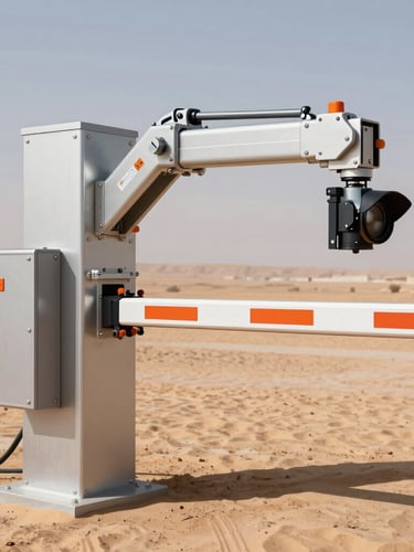 Orthographic technical shot of a heavy-duty automated security barrier arm in high-contrast desert daylight, clean steel housing, safety orange accents.
