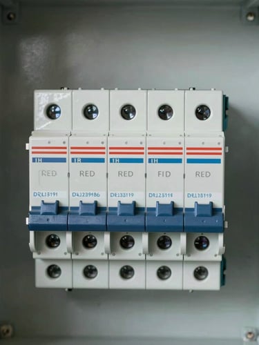 Orthographic macro shot of industrial circuit breakers and switches mounted inside a clean steel electrical panel, bright direct technical lighting, high contrast.