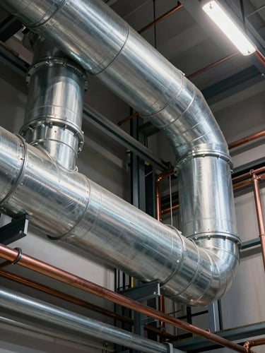 Technical isometric view of large-scale galvanized steel HVAC ductwork and copper piping installations inside a high-rise utility shaft, clean industrial lighting.