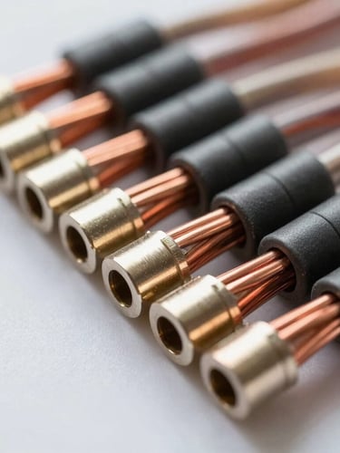 Macro close-up of heavy-duty copper wiring cables and technical connectors arranged in a precise, clean row, bright industrial lighting