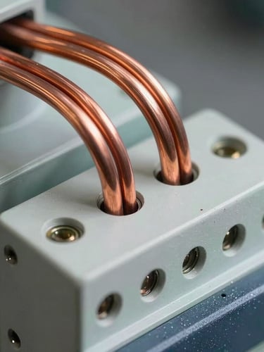 Isometric close-up of heavy-duty copper wiring bundles and industrial circuit breakers, technical architectural lighting, sharp focus on metallic textures.