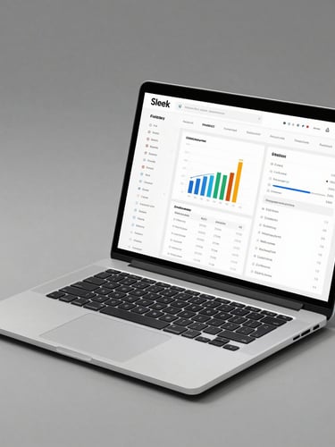 Sleek modern laptop displaying a clean white SaaS interface with charts and tables, angled perspective, realistic drop shadow, studio lighting.