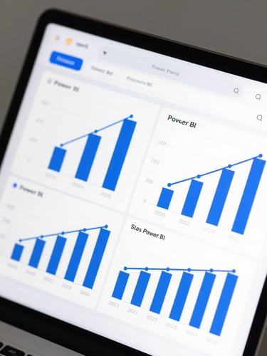 A clean, high-fidelity browser mockup of a modern Power BI dashboard showing financial charts, revenue bars, and growth metrics in crisp royal blue and white colors, soft shadow, angled perspective.