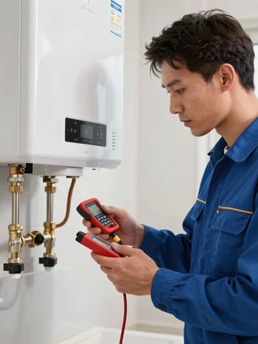 Medium shot of a professional plumber in a clean blue uniform analyzing a modern water heater with diagnostic tools, bright utility lighting, high-contrast composition.