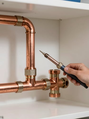 Pristine copper pipe connections in a modern residential utility closet, bright daylight illumination, crisp focus on professional soldering.