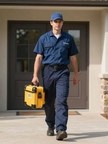 Medium shot of a clean, uniformed Same Day Plumbing technician carrying professional diagnostic tools, walking toward a modern residential entrance under bright morning daylight.