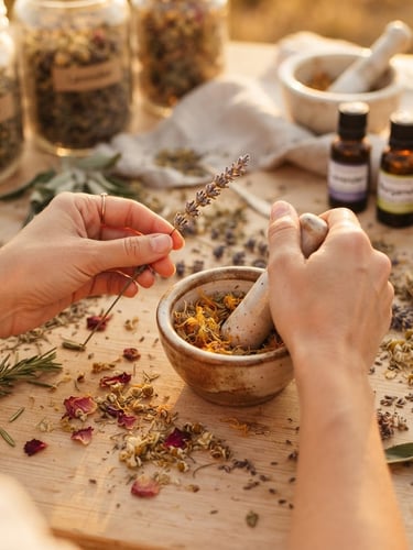Vue rapprochée de mains préparant des ingrédients botaniques pour des cosmétiques, dans une lumière douce de fin de journée, sur une table en bois clair, avec des herbes séchées et des huiles essentielles en arrière-plan.