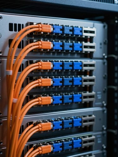 Tight macro shot of a physical server rack with perfectly organized, clean safety-orange and deep blue ethernet cabling, cool low-key ambient lighting, high-end engineering environment.