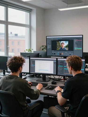 Wide-angle view of a focused digital studio workroom in Helsinki, two team members reviewing live UI on large monitors, natural window light from the left, cables and keyboards on dark desks, tight overhead composition showing real work in progress