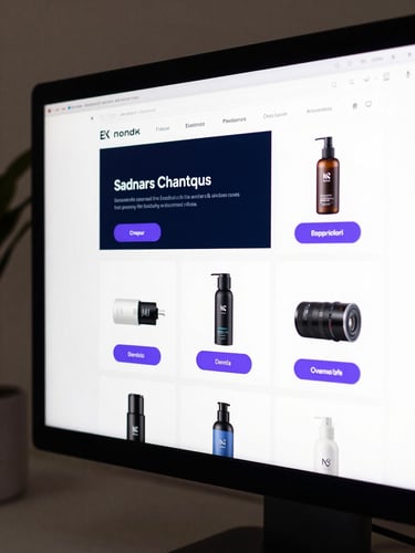Tight crop of a live e-commerce website interface on a monitor screen, showing a clean Nordic product grid with dark navy nav and purple accent CTAs, studio lighting from the left, sharp UI detail visible